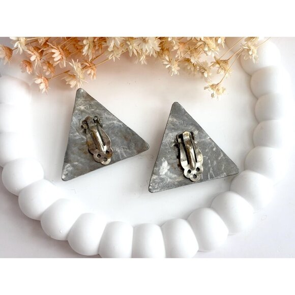 XL Hammered Pewter Turquoise & Coral Vintage Large Statement Earrings - Picture 4 of 10